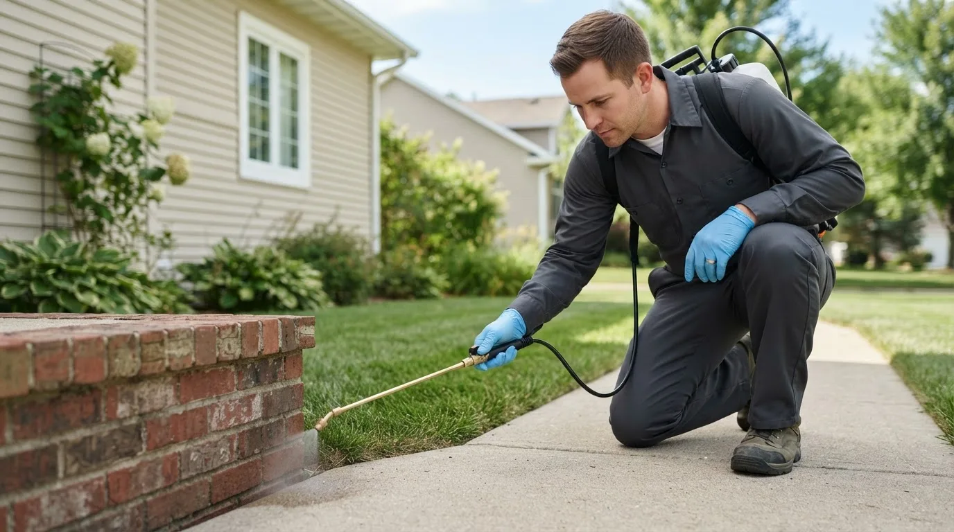 Pest control technician treating a home near Bushton, KS